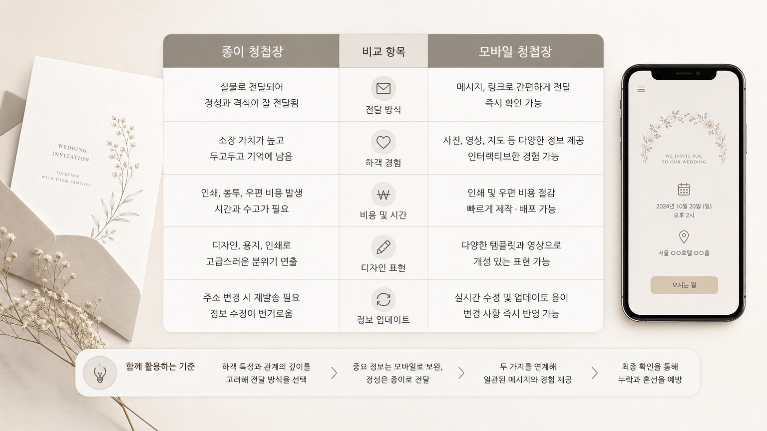 AI 생성 이미지 - 종이 청첩장과 모바일 청첩장의 역할 비교표, 또는 하객 그룹별 전달 방식