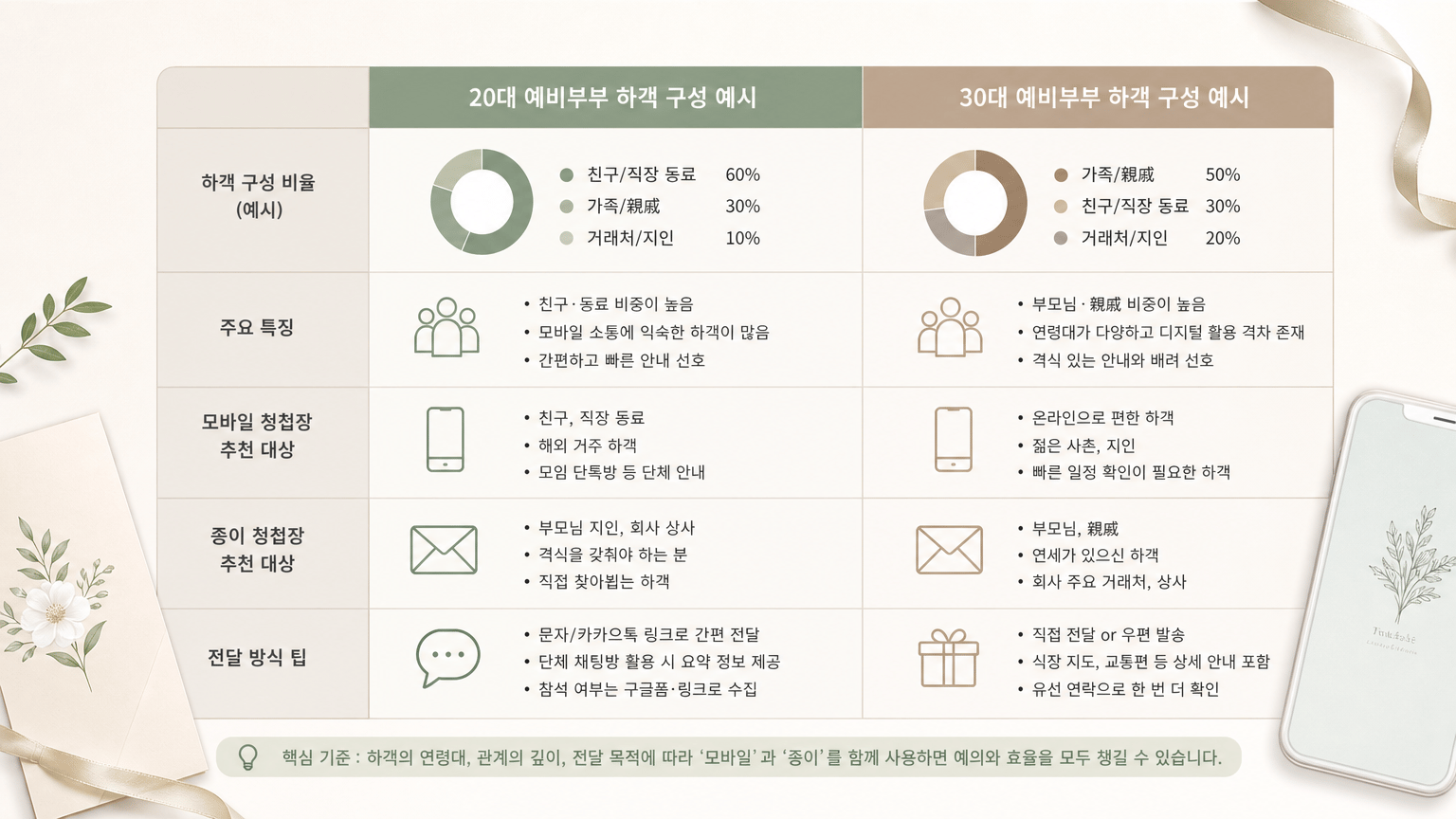 AI 생성 이미지 - 20대와 30대 예비부부의 하객 구성 차이를 정리한 표나 간단한 인포그래